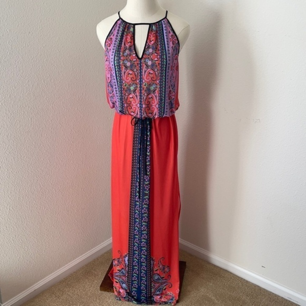 Clover Canyon Printed Maxi Dress Tunic Neck Slit,‎ XS EUC